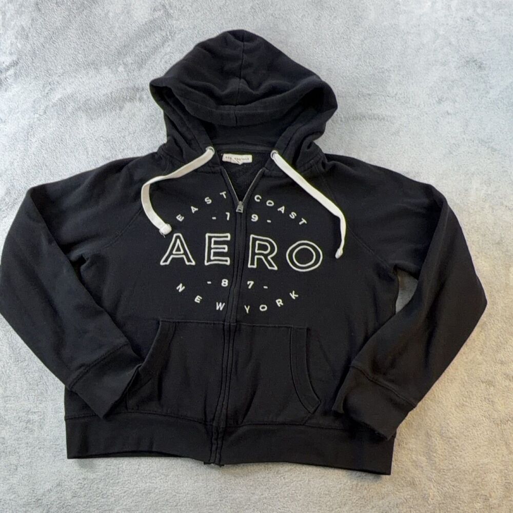 Aeropostale Full Zip Hoodie Mens L Black New York Graphic Logo Long Sleeve
